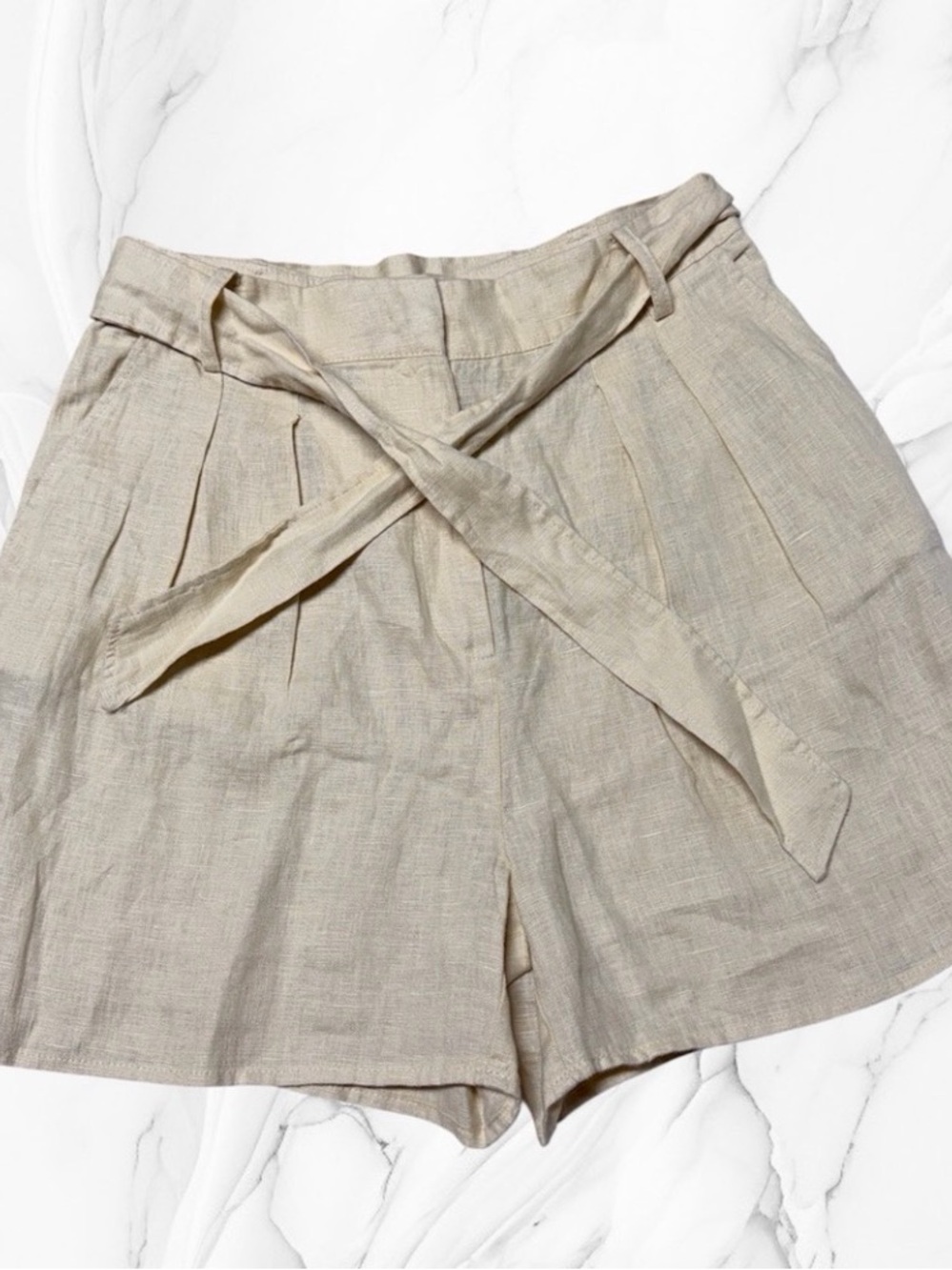 Mango High-Rise Cream Linen Blend Tie-Waist Women’s Shorts small NWT